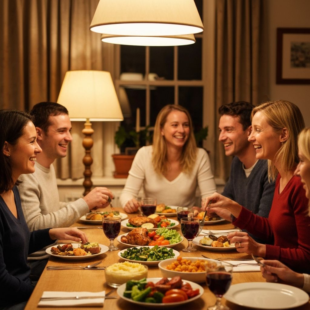 People sharing dinner together at a table, a calm and connected moment.